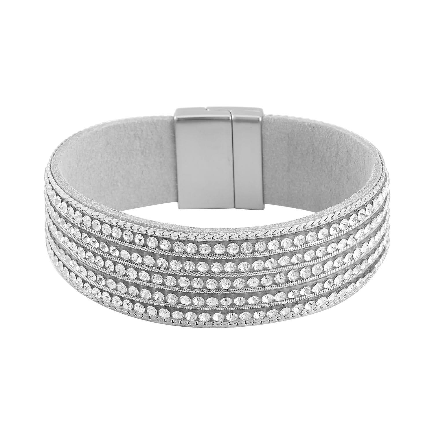 White Austrian Crystal Multi-Row Bracelet in Silvertone (7.50 In)
