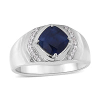 Madagascar Blue Sapphire (DF) and White Zircon Men's Ring in Platinum Over Sterling Silver (Size 10.0) 2.10 ctw