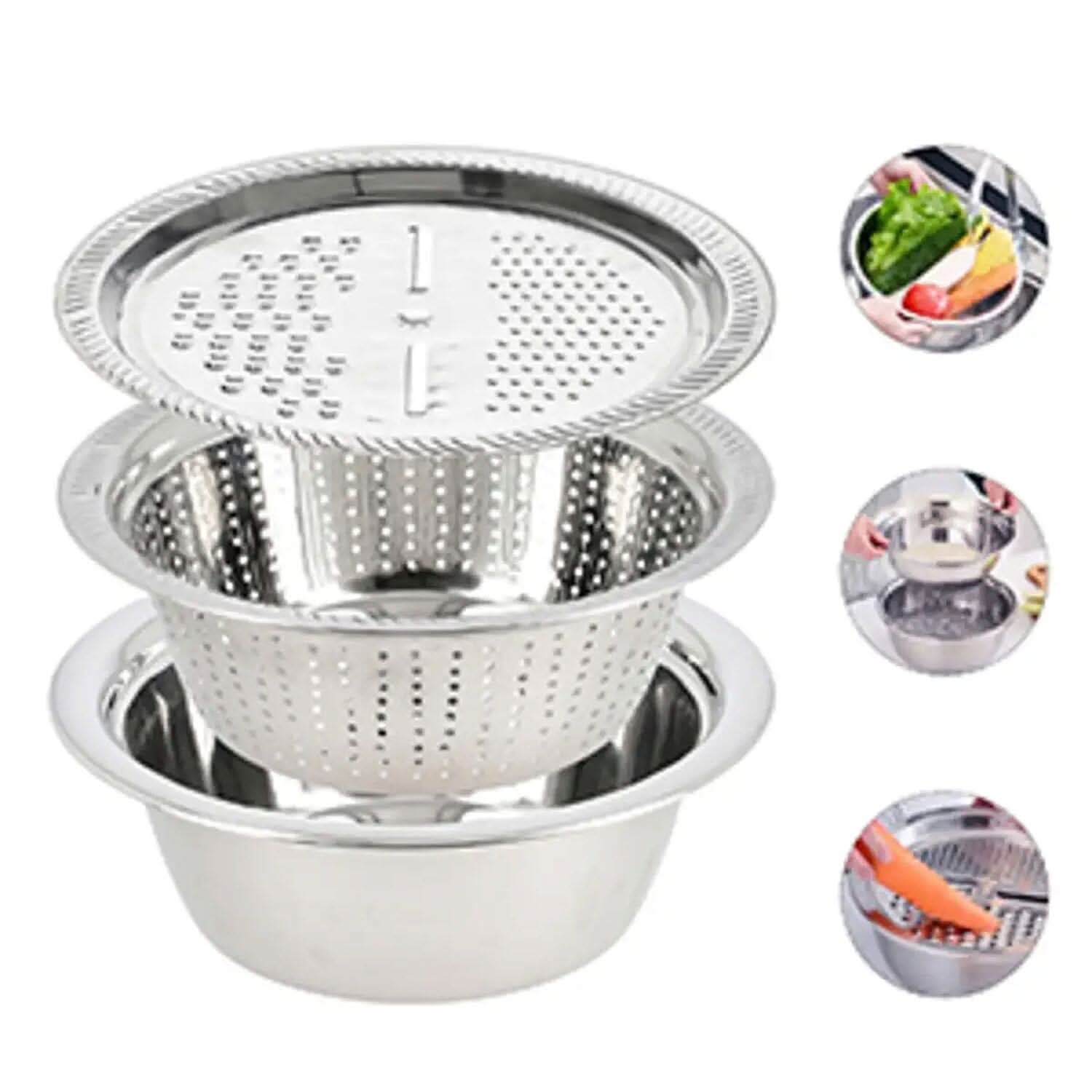 Set of 3 Stainless Steel Multifunctional Grating Basin Set