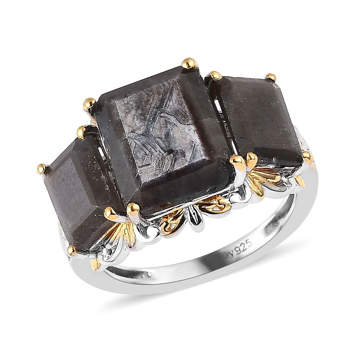 Silver Sapphire 3 Stone Ring in Vermeil YG and Platinum Over Sterling Silver 11.00 ctw
