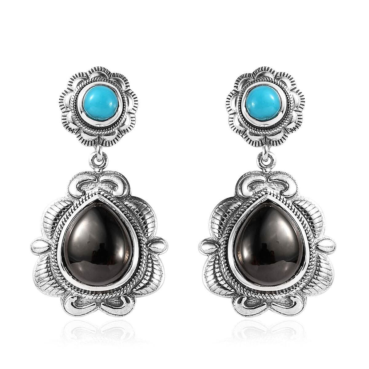 Artisan Crafted Elite Shungite and Sleeping Beauty Turquoise Dangle Earrings in Sterling Silver 6.35 ctw
