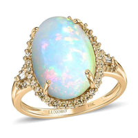 Luxoro 10K Yellow Gold AAA Ethiopian Welo Opal and I3 Natural Yellow Diamond Halo Ring 4.20 ctw