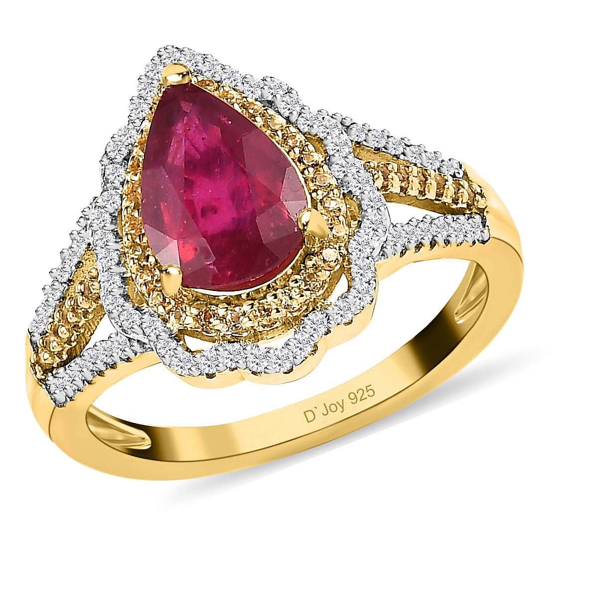 Premium Niassa Ruby (FF) and Multi Gemstone Split Shank Ring in Vermeil Yellow Gold Over Sterling Silver (Size 10.0) 4.10 ctw (Del. in 7-10 Days)