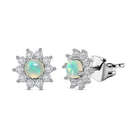 Ethiopian Welo Opal, White Zircon Sunburst Stud Earrings in Sterling Silver 1.00 ctw