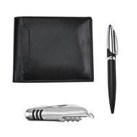 3 Piece Set -Black Faux Leather RFID Wallet (4.5"x3.75"), Pen and Stainless Steel Knife