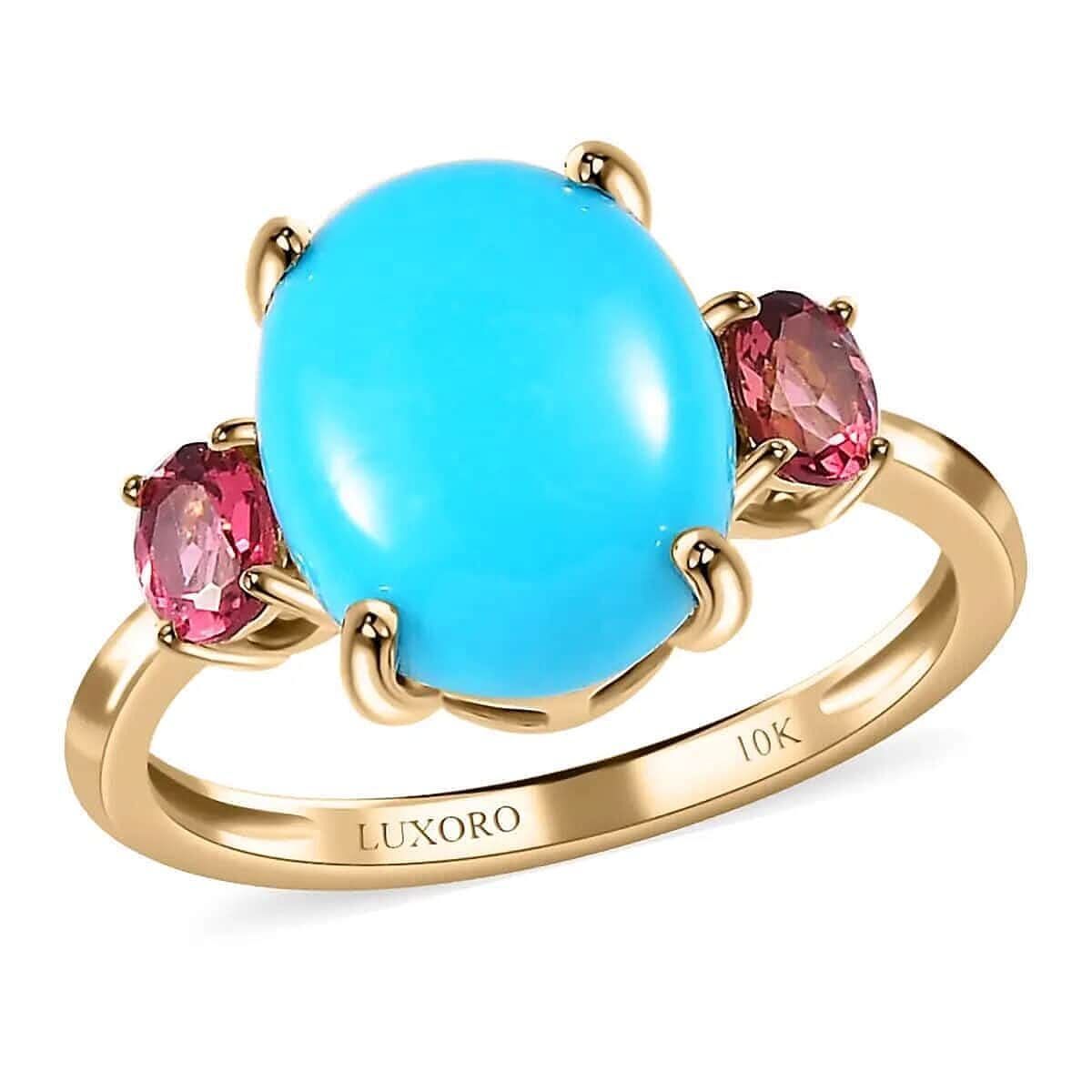 Luxoro 10K Yellow Gold AAA Sleeping Beauty Turquoise and Ouro Fino Rubellite 3 Stone Ring 3.60 ctw