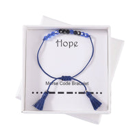 Blue and Dark Blue Glass Beaded Bolo Tassel Hope Morse Code Bracelet in Sterling Silver and Cotton Cord (Adjustable)