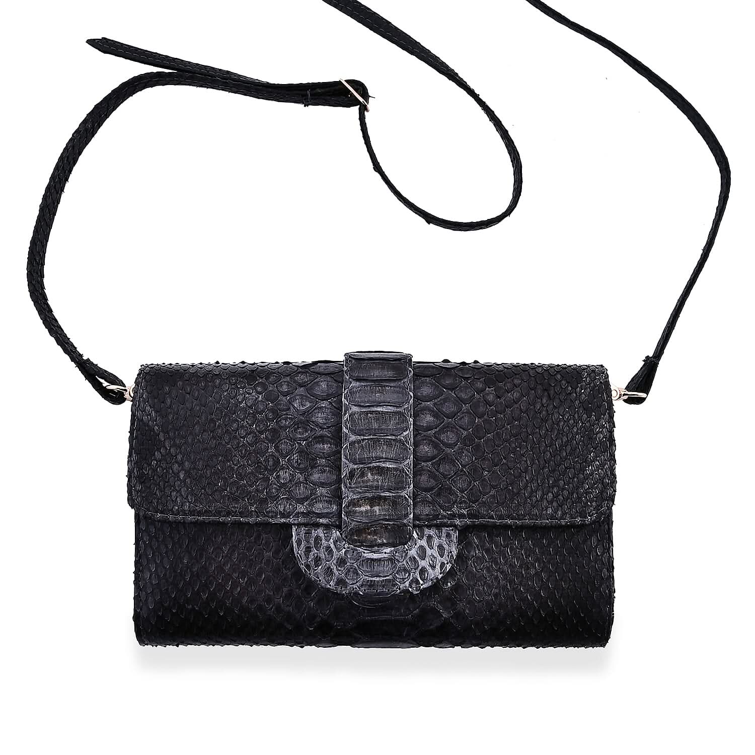 Doorbuster The Grand Pelle Handcrafted Black Color Genuine Python Leather Crossbody Wallet (7.50"x1.60"x4.30")