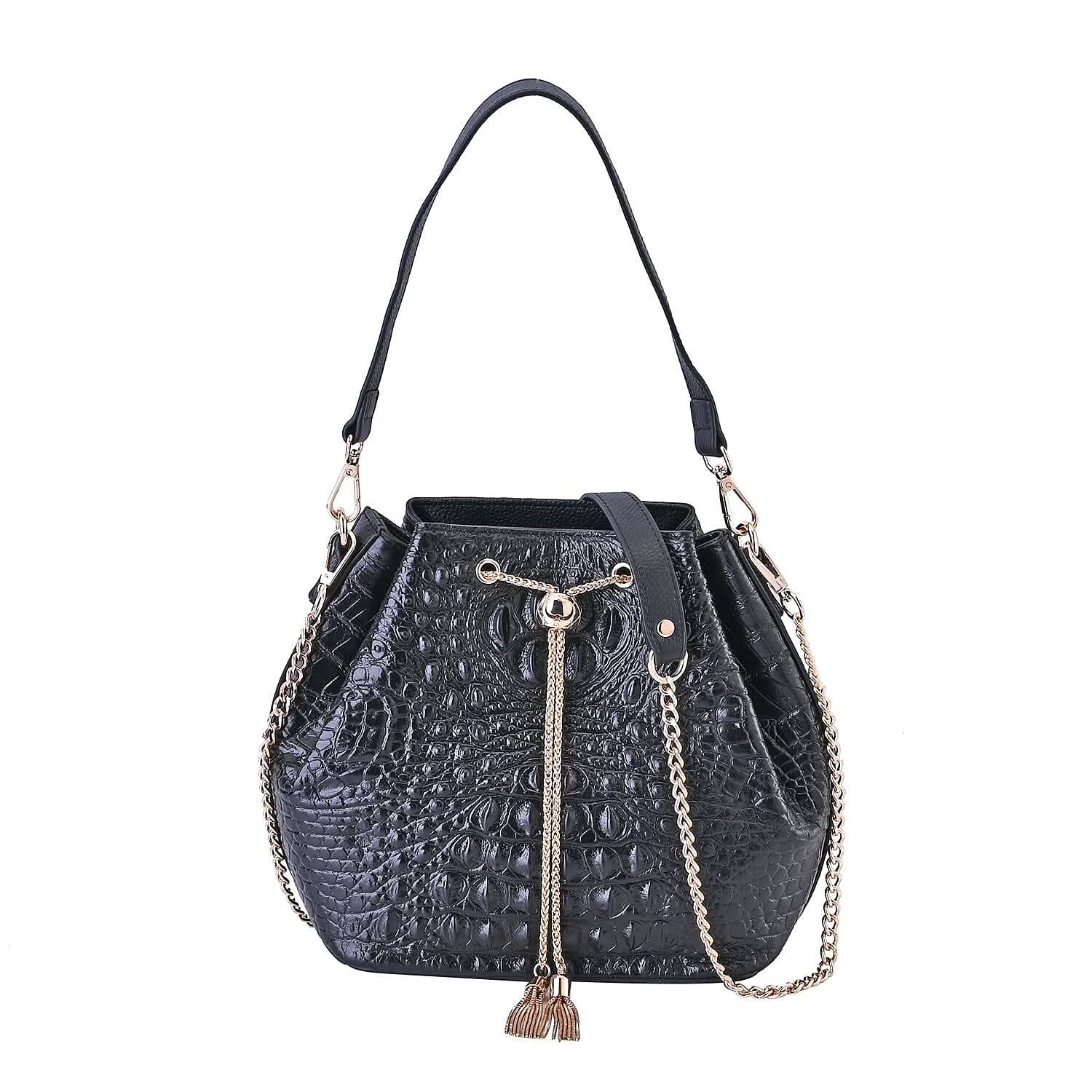 Black Croco Embossed Genuine Leather Bucket Bag (8.26"x4.33"x9.05") with Half Chain and Half Leather Strap