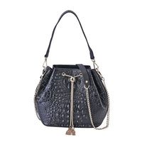 Black Croco Embossed Genuine Leather Bucket Bag (8.26"x4.33"x9.05") with Half Chain and Half Leather Strap