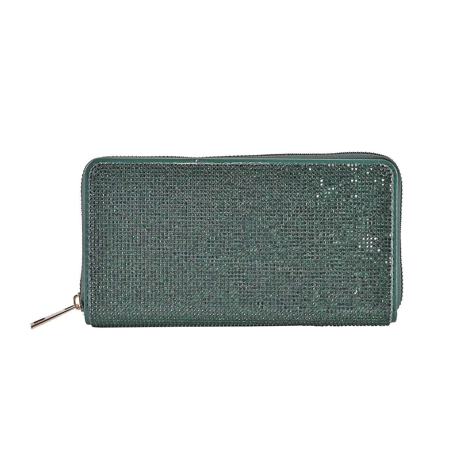 Champagne Color Sparkling Rhinestone and Fuax Leather Wallet (7.5"x0.98"x3.9")