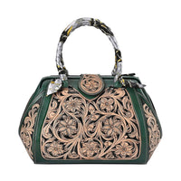 Grand Pelle Black with Solid Color Hand Engraving Flower Pattern Genuine Leather Crossbody Bag (14"x9"x7")
