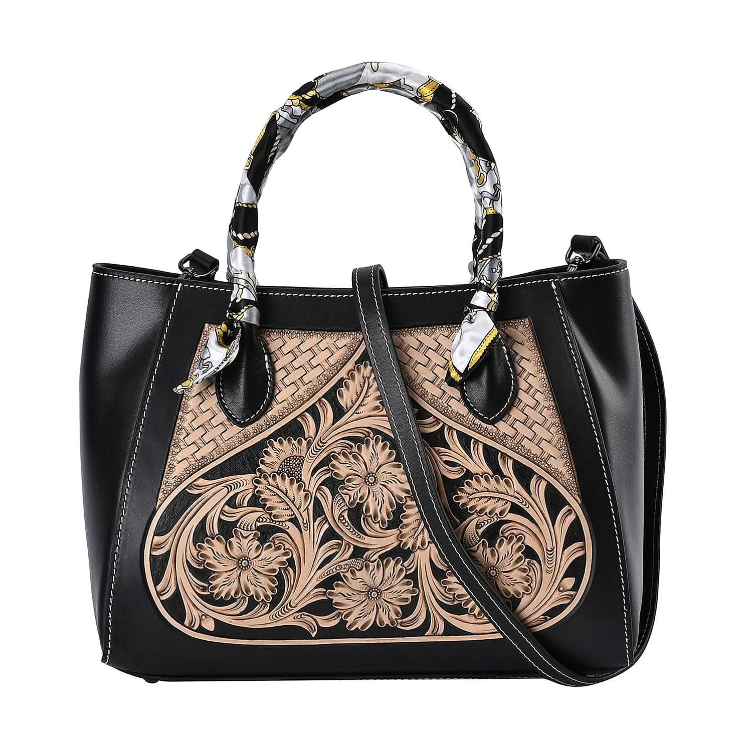 Grand Pelle Black with Solid Color Hand Engraving Flower Pattern Genuine Leather Crossbody Bag (12"x5.5"x9")
