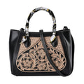 Grand Pelle Black with Solid Color Hand Engraving Flower Pattern Genuine Leather Crossbody Bag (12"x5.5"x9") - Sticky add to cart bar