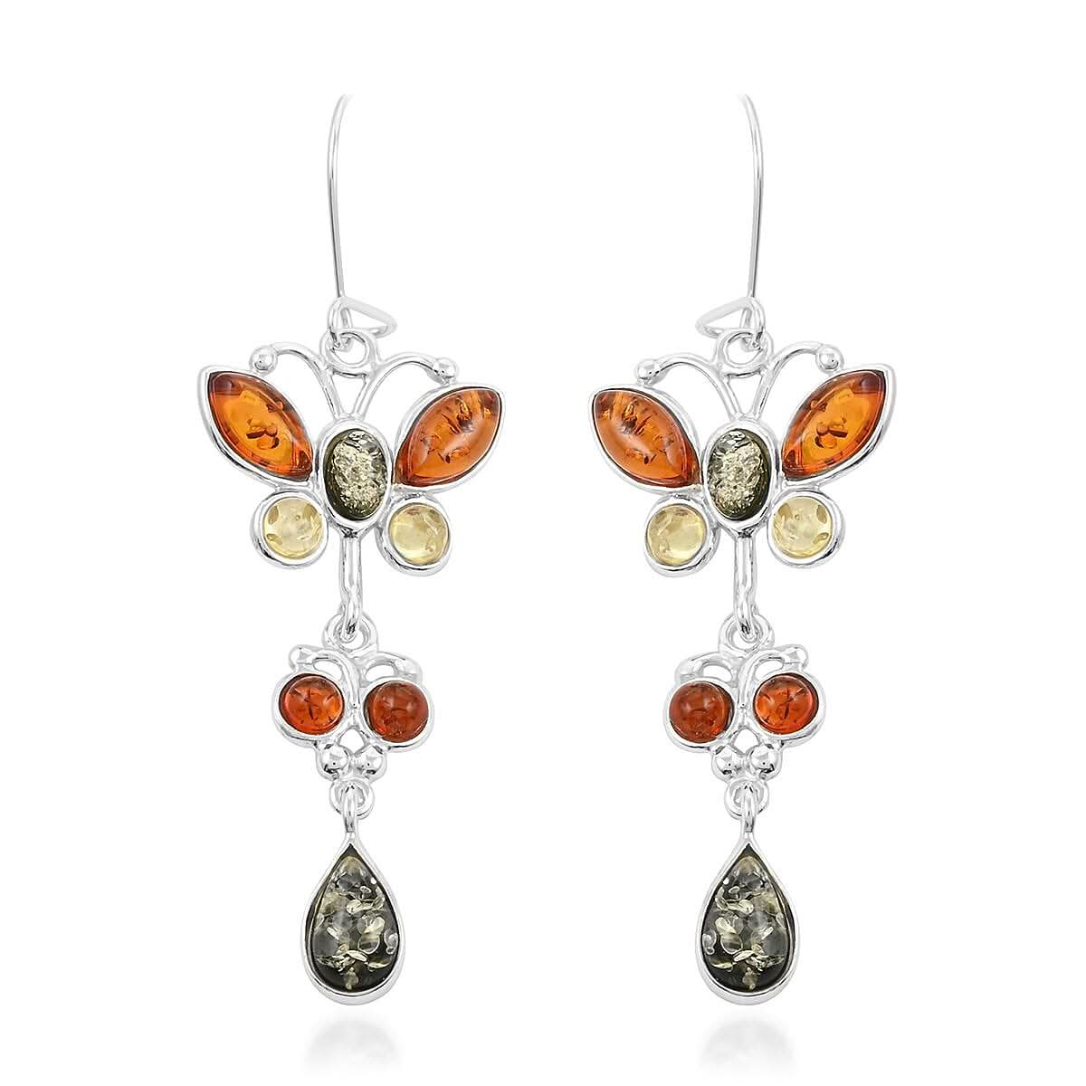 Multi Colored Amber Butterfly Earrings in Sterling Silver