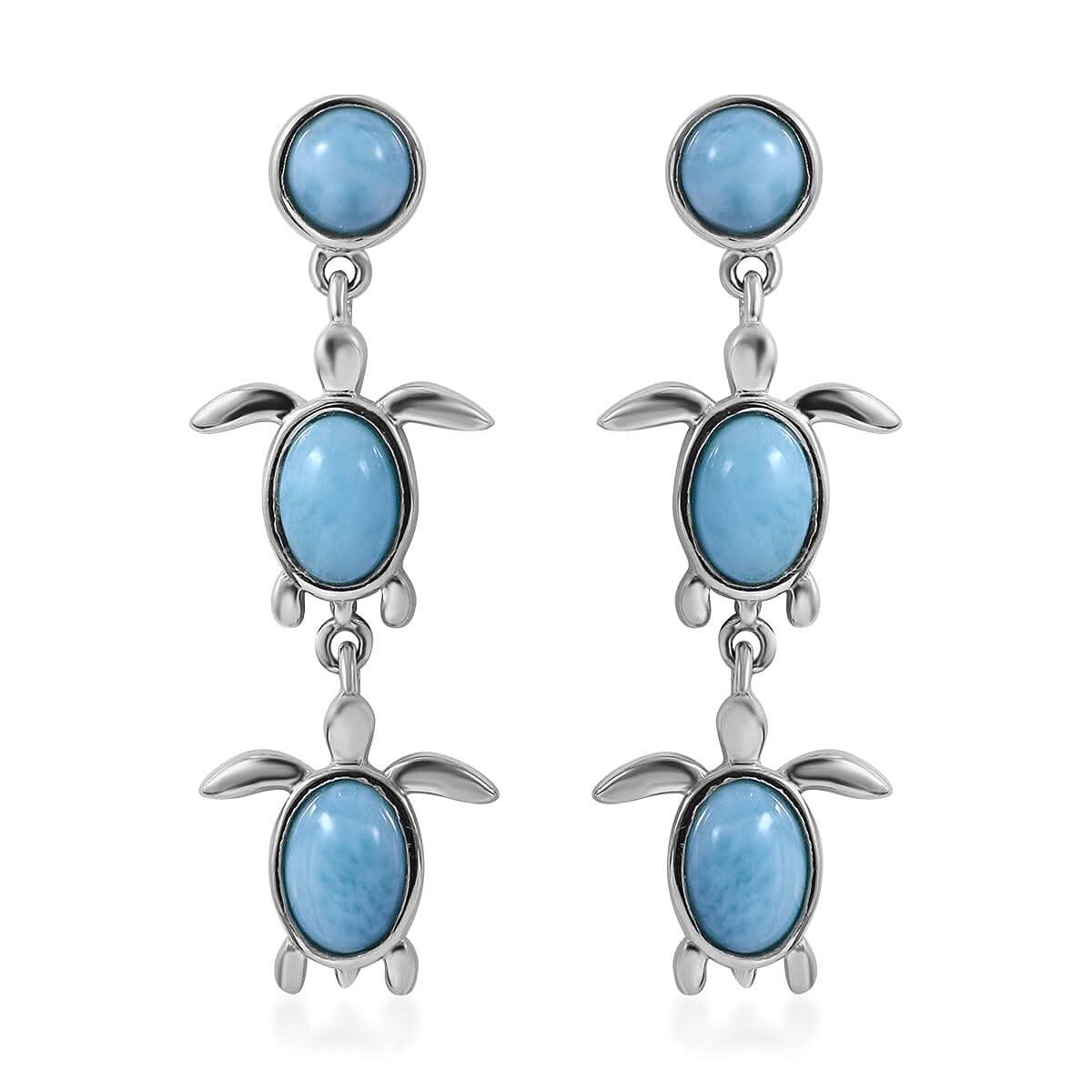 Larimar Turtle Dangling Earrings in Platinum Over Sterling Silver 4.90 ctw