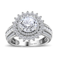 One Time Only Moissanite (Rnd 8mm) Double Halo Ring in Platinum Over Sterling Silver (Size 10.0) 2.35 ctw