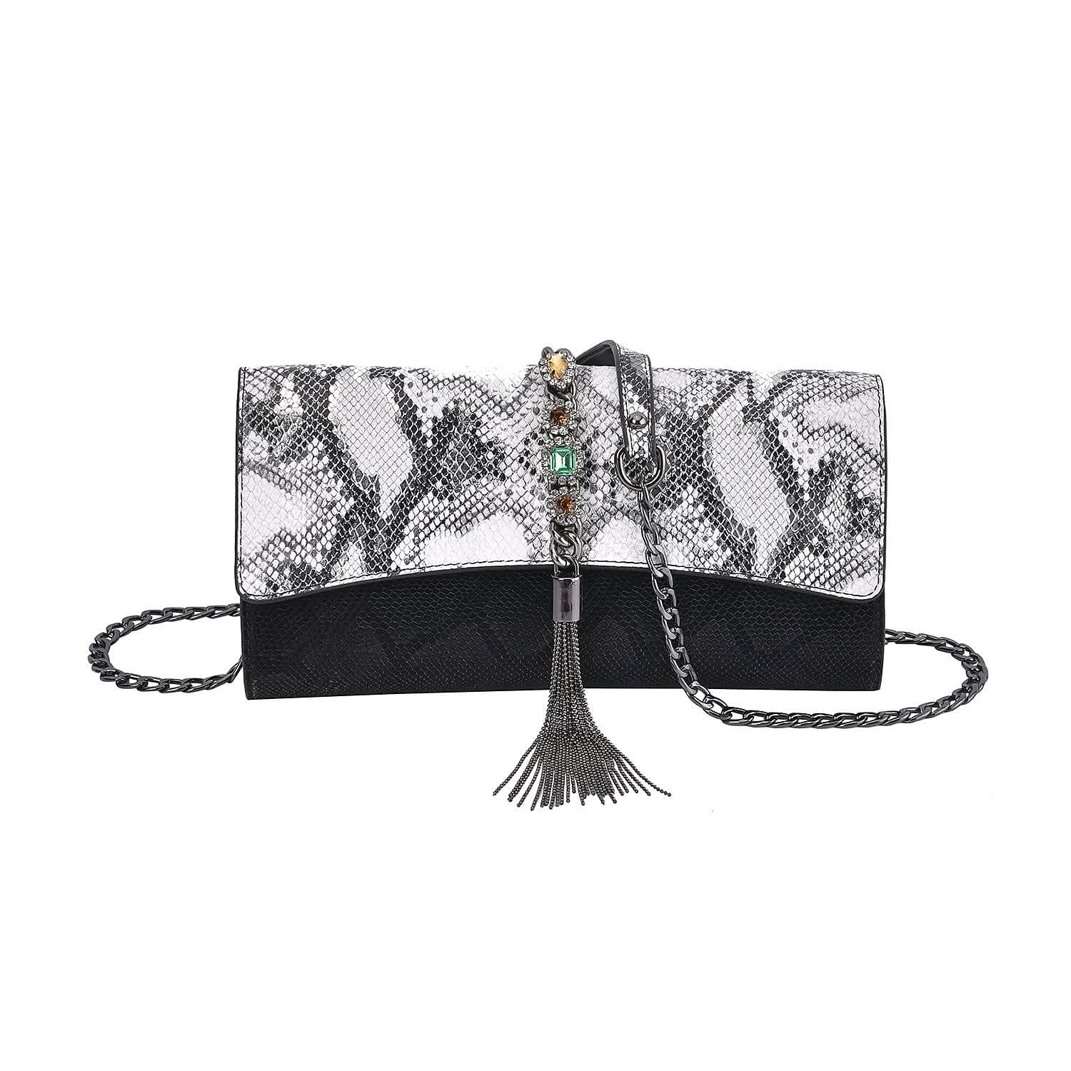 Black Color Snake Print Pattern Genuine Leather Crossbody Bag (10"x1.4"x5") with Shoulder Strap