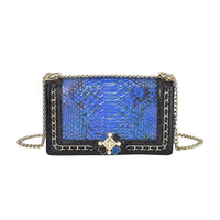 Blue Color Snake Print Pattern Genuine Leather Crossbody Bag (9.8"x3.3"x6") with Shoulder Strap