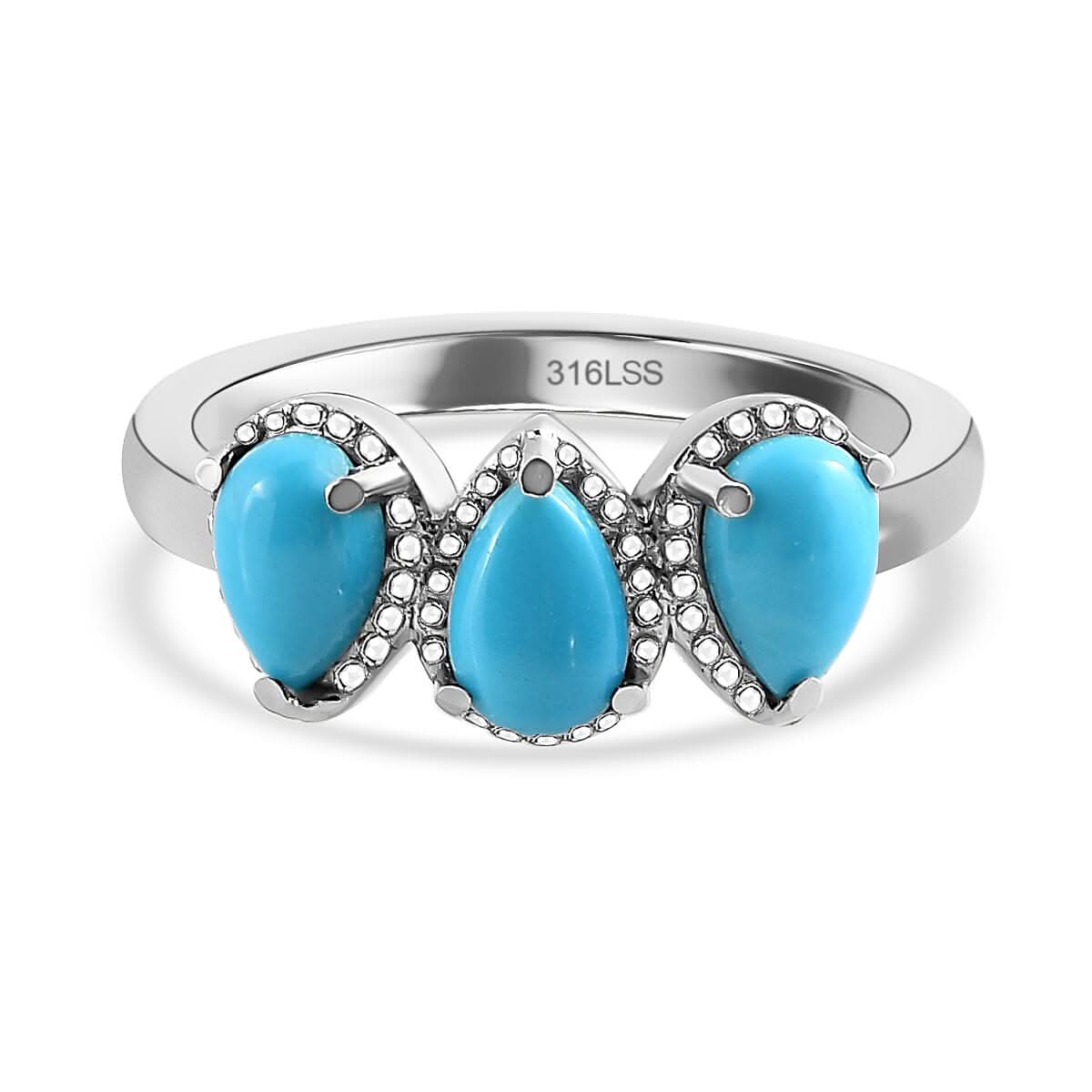 Sleeping Beauty Turquoise 3 Stone Ring in Stainless Steel 1.25 ctw