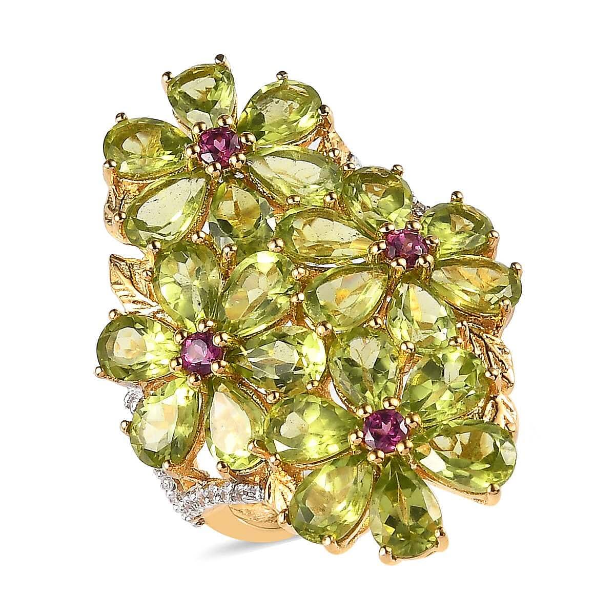 Premium Peridot and Multi Gemstone Floral Ring in Vermeil Yellow Gold Over Sterling Silver 10.60 ctw
