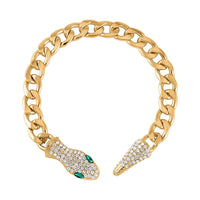 Green Glass and White Austrian Crystal Cable Link Chain with Snake Head & Tail Bracelet in Silvertone (10.50 In)