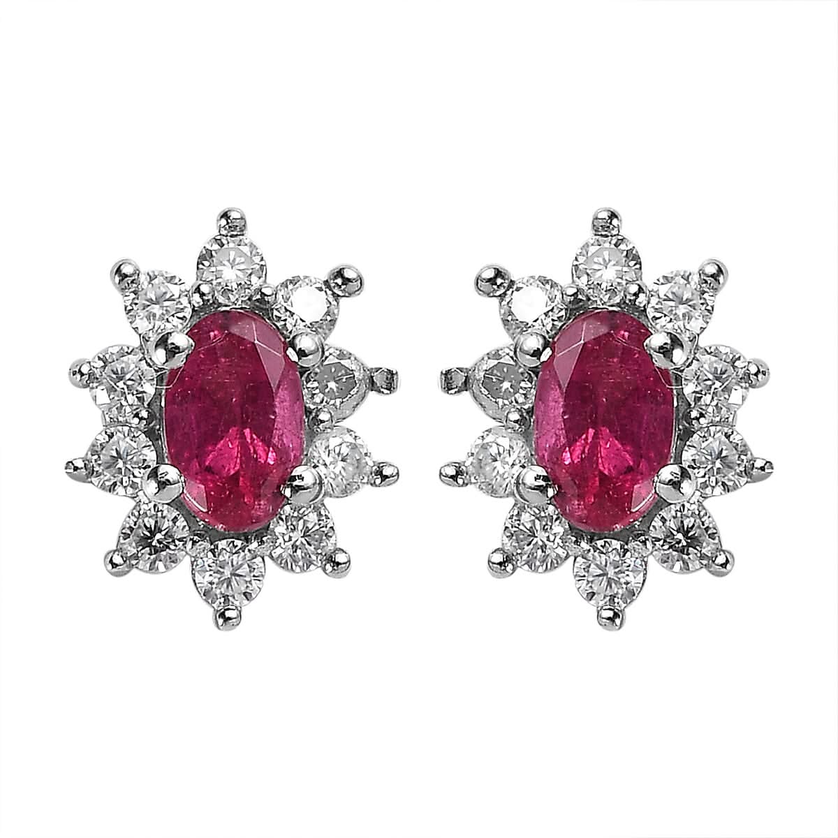 Ouro Fino Rubellite and Moissanite Sunburst Stud Earrings in Platinum Over Sterling Silver 0.65 ctw