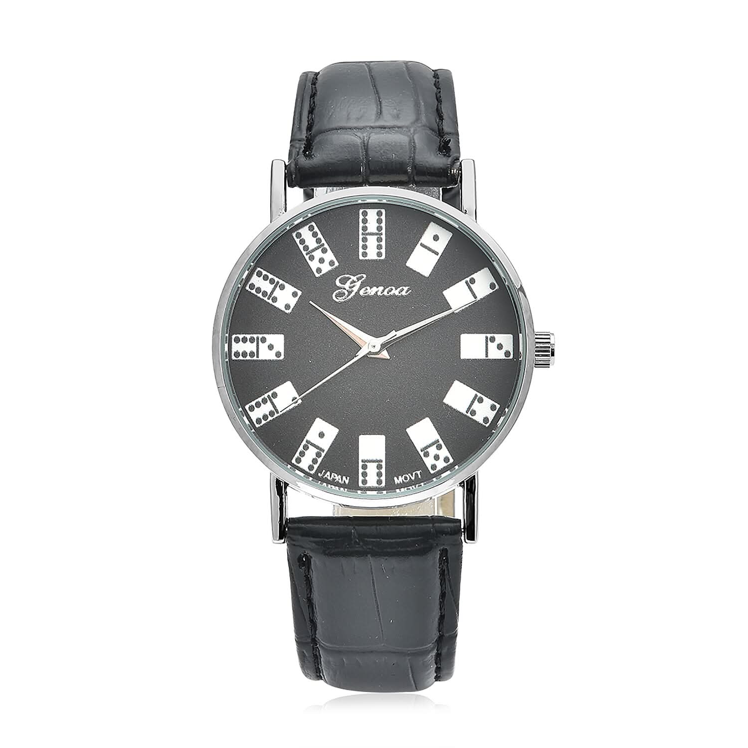Genoa Miyota Japanese Movement 3D Domino Pattern Dial Watch in Silvertone with Black Faux Leather Strap (37mm)
