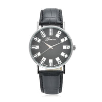 Genoa Miyota Japanese Movement 3D Domino Pattern Dial Watch in Silvertone with Black Faux Leather Strap (37mm)