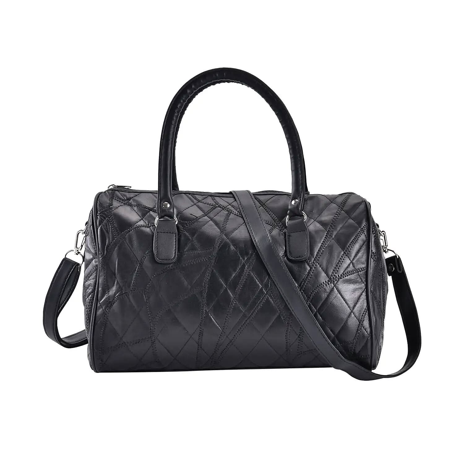 Patchwork Sheep Leather Cross Body Bag (12"x8"x5.5'') - Black