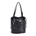 Black Patchwork Sheep Leather Drawstring Bucket Bag (7.5"x8.5"x4.3") with Faux Leather Handle Drop and Detachable Shoulder Strap - Sticky add to cart bar
