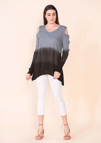 TAMSY Black and Gray Rayon Crepe Ombre Top - L