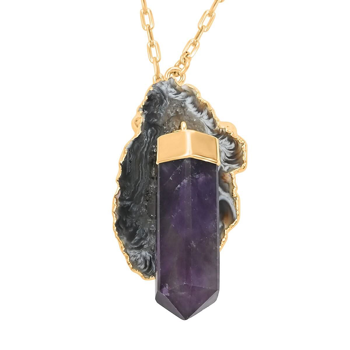 Made in Brazil Agate Occo and Terminated Dark Amethyst Necklace 18 Inches in Goldtone 44.85 ctw