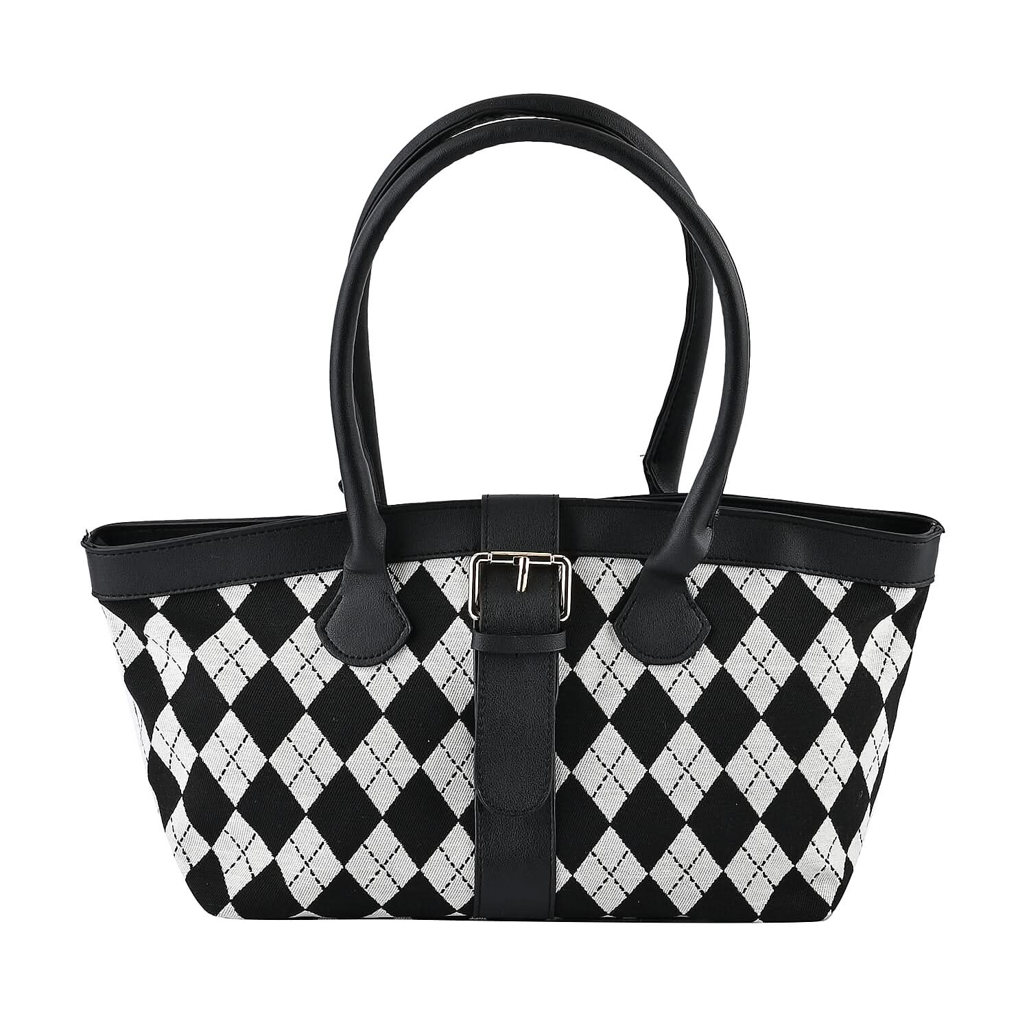 Black and White Checkered Pattern Faux Leather Tote Bag (11.6"x5.4"x7.4")
