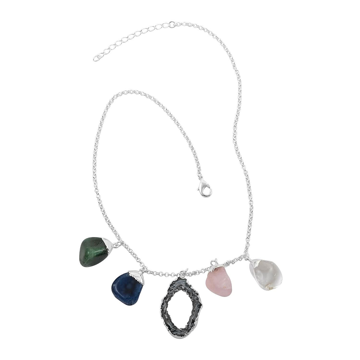 Multi Gemstone Necklace 16-18 Inches in Silvertone 95.00 ctw