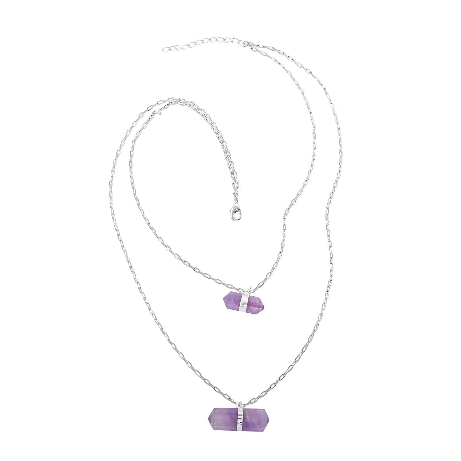 Made in Brazil Amethyst Multi Layer Necklace 21-23 Inches in Silvertone 36.00 ctw