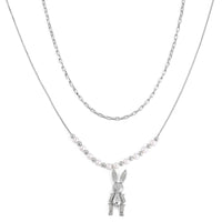 White Shell Pearl and Austrian Crystal Rabbit Pendant Necklace 20-22 Inches in Silvertone