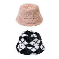 Set of 2 Black Chevron Pattern and Beige Solid Faux Fur Bucket Hats (22.85")