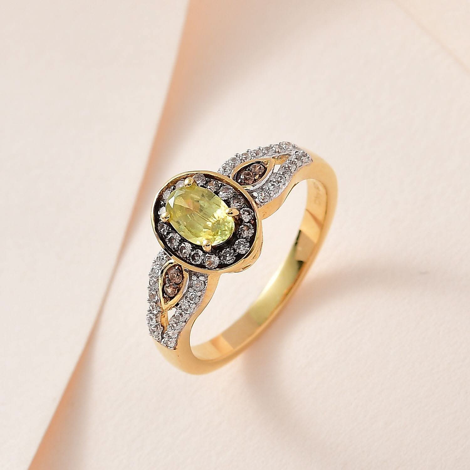 Premium Sava Sphene, Champagne and White Zircon Ring in Vermeil Yellow Gold Over Sterling Silver 1.00 ctw
