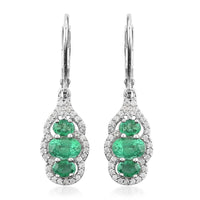 AAA Kagem Emerald and White Zircon Dangle Earring in Rhodium Over Sterling Silver 2.00 ctw