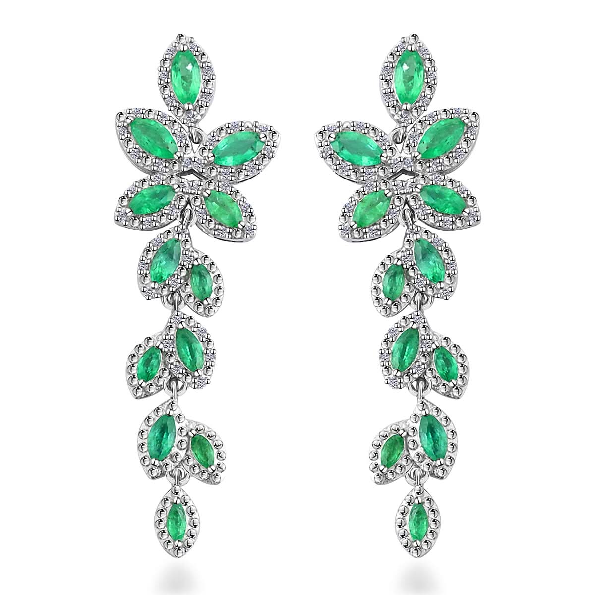 AAA Kagem Emerald and White Zircon Leaves Dangle Earring in Rhodium Over Sterling Silver 3.70 ctw