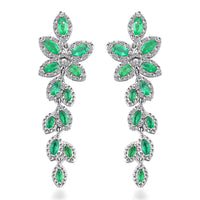 AAA Kagem Emerald and White Zircon Leaves Dangle Earring in Rhodium Over Sterling Silver 3.70 ctw
