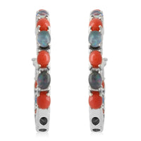Boulder Opal Triplet and Mediterranean Coral 5.75 ctw Hoop Earrings in Rhodium Over Sterling Silver 7.10 Grams