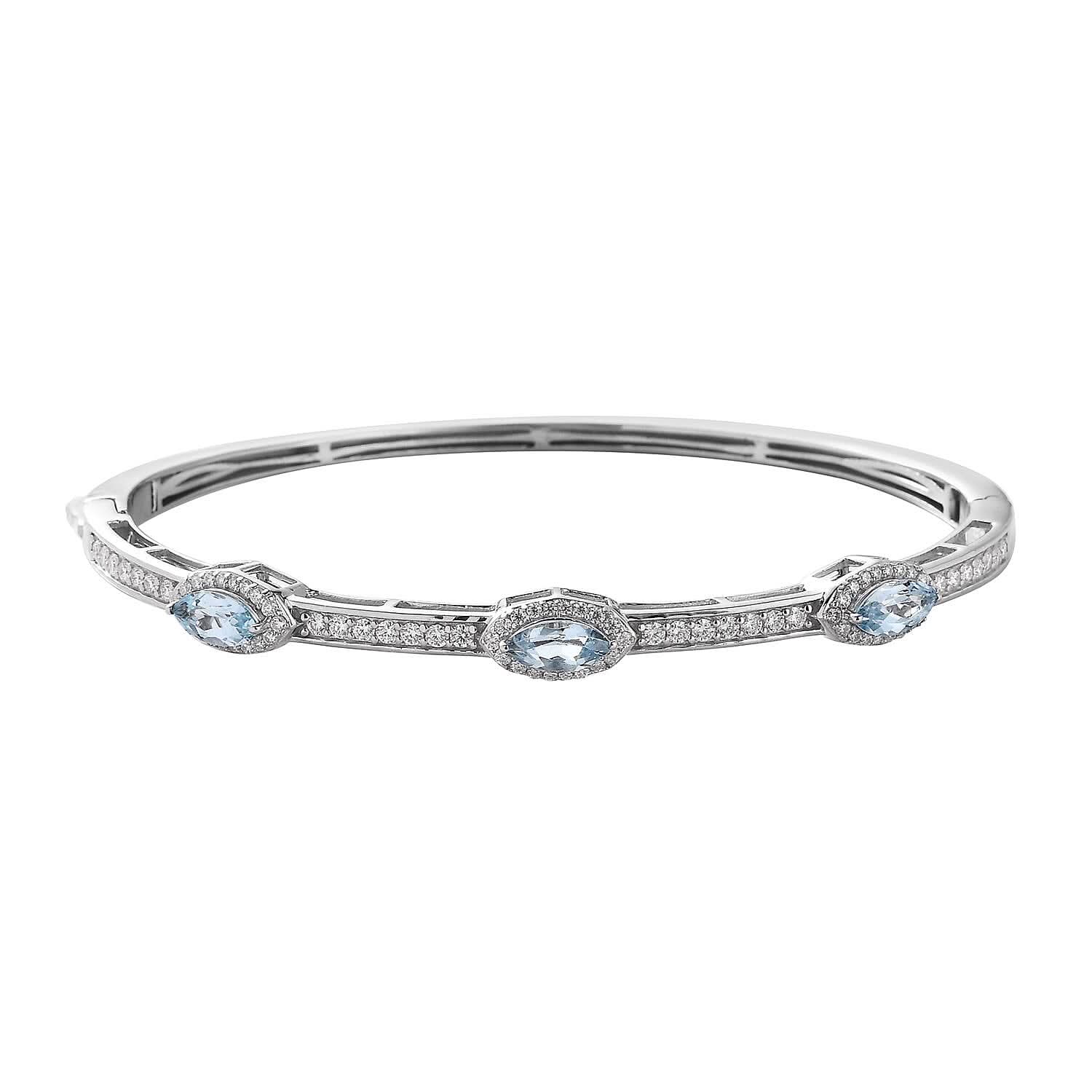 Sky Blue Topaz and Moissanite Bangle Bracelet in Platinum Over Sterling Silver (7.25 in) 2.50 ctw