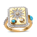 Sleeping Beauty Turquoise and Moissanite Sun Starburst Medallion Statement Signet Ring in Vermeil Yellow Gold Over Sterling Silver (Size 6.0) 1.00 ctw - Sticky add to cart bar