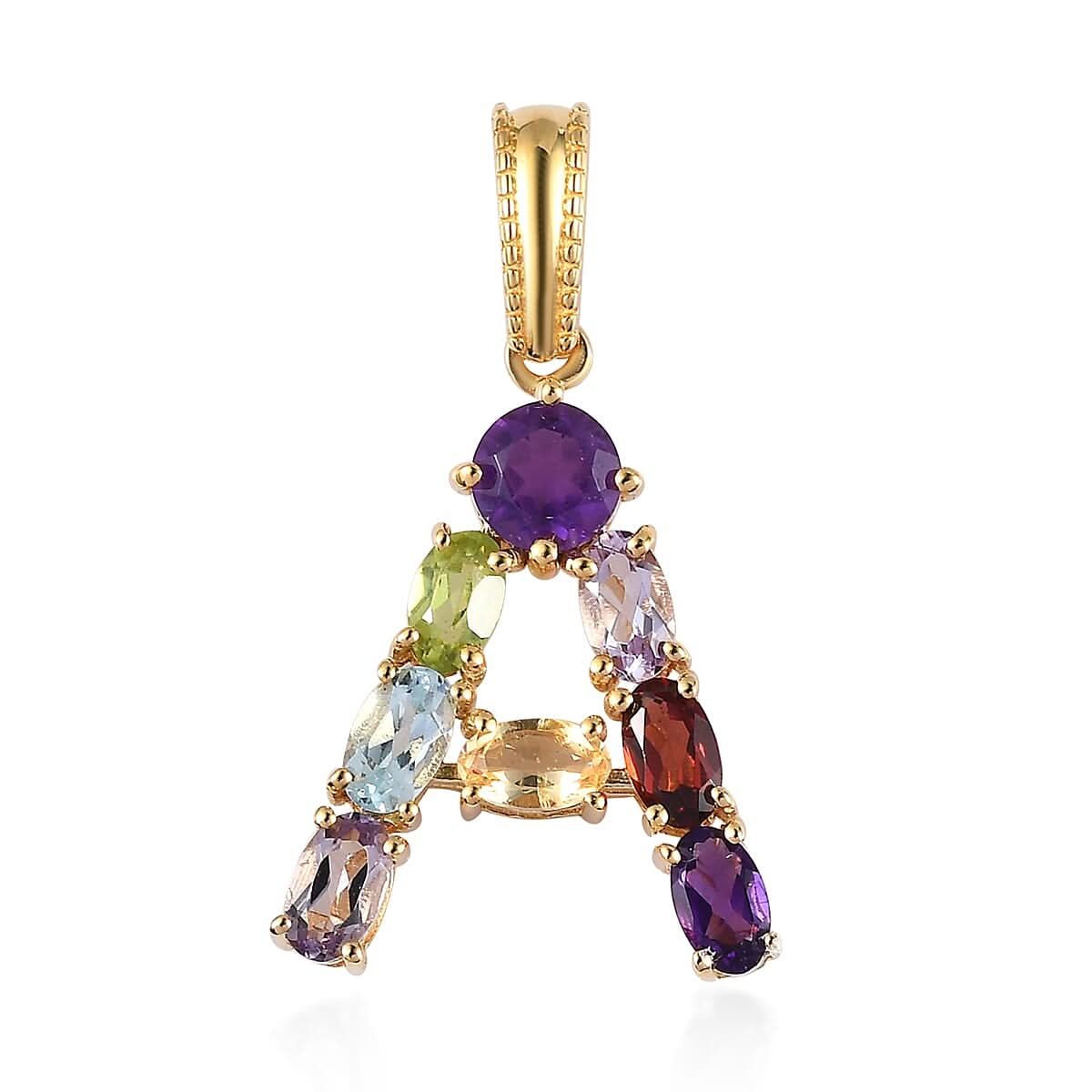 Multi Gemstone Initial A Pendant in Vermeil Yellow Gold Over Sterling Silver 2.10 ctw
