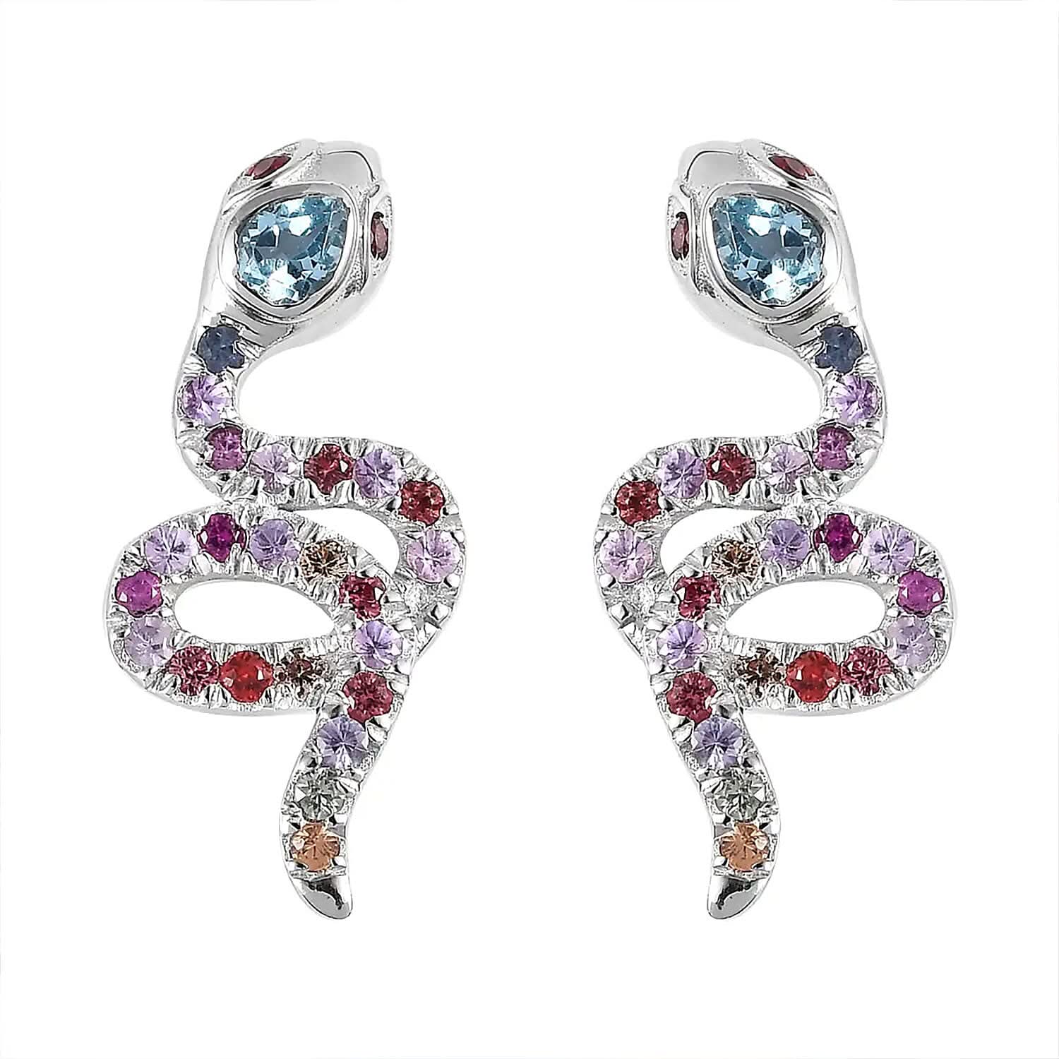 Sky Blue Topaz and Multi Sapphire Snake Earrings in Rhodium Over Sterling Silver 1.60 ctw