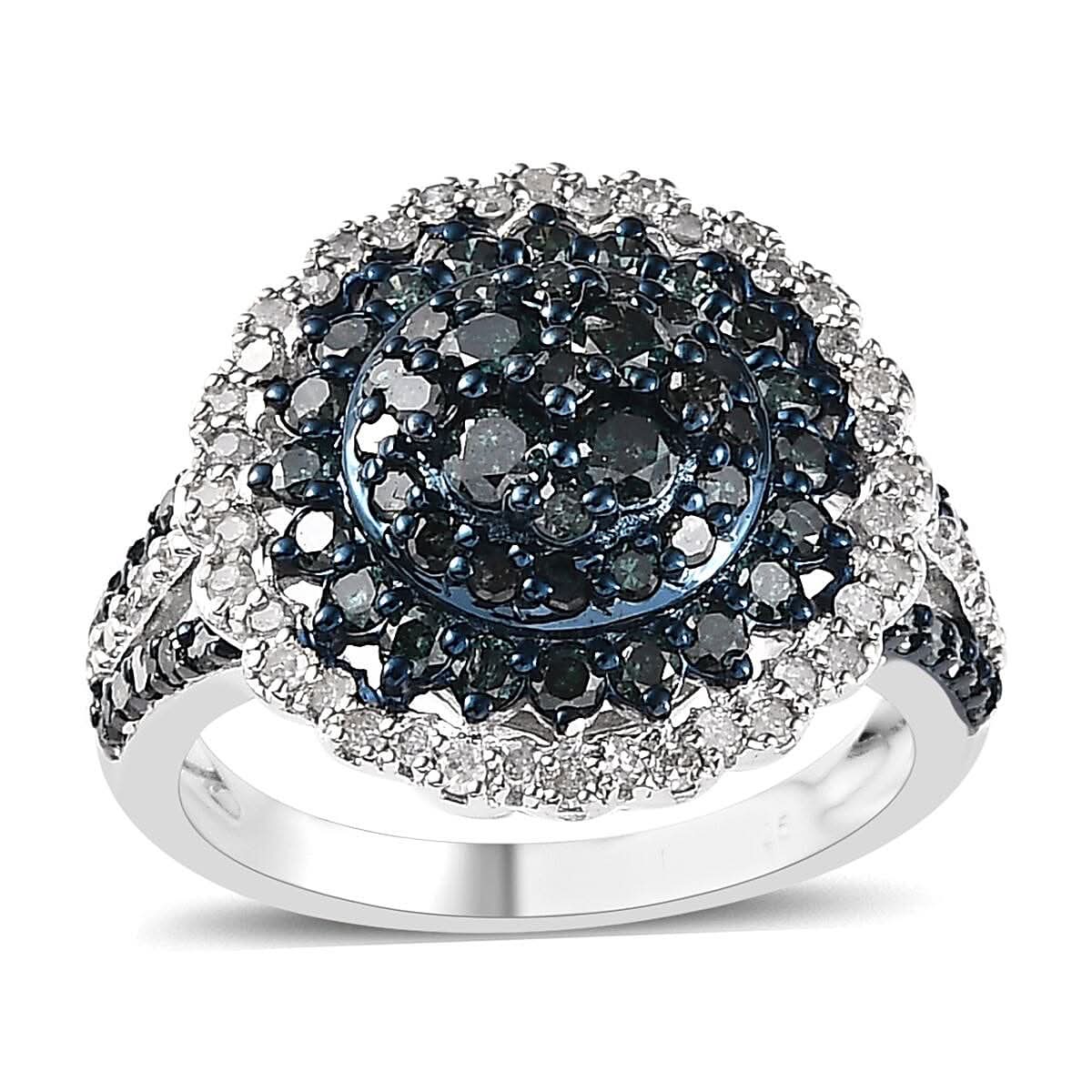 Blue and White Diamond Floral Ring in Platinum Over Sterling Silver 1.50 ctw