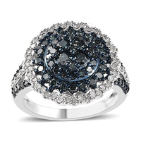 Blue and White Diamond Floral Ring in Platinum Over Sterling Silver 1.50 ctw
