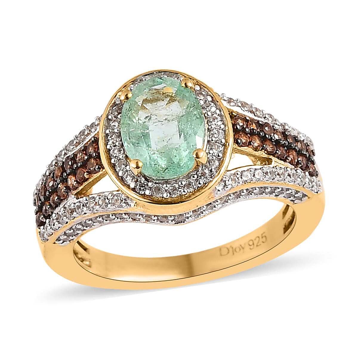 Boyaca Colombian Emerald, Brown and White Zircon Halo Ring in Vermeil YG Over Sterling Silver (Size 6.0) 2.25 ctw